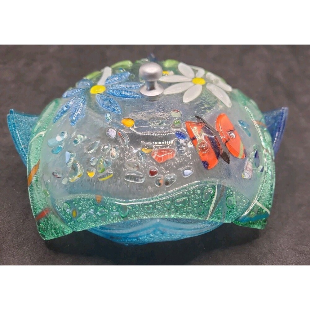 Fused Art Glass Trinket Dish Lid Floral Textured Blue Green Square 5"
